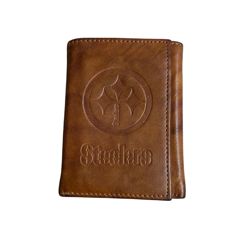 NFL Steelers Football Brown Leather Embossed Men’s Wallet Card Holder ID Holder